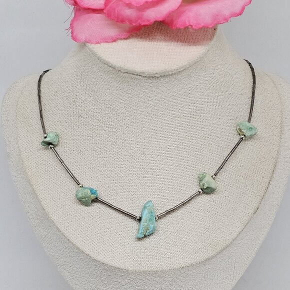 Southwestern Turquoise Nugget Liquid 925 Sterling Silver Necklace Choker 15" - Picture 8 of 11